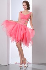 2013 Coral Red Prom Dress A-line Straps Asymmetrical Organza Beading