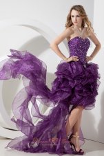 2013 Purple High-low Organza Beading Prom Dress Column / Sheath Sweetheart