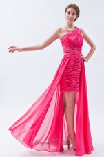 2013 Hot Pink Column / Sheath One Shoulder Prom Dress High-low Chiffon Sequins