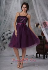 Cheap Purple A-Line / Princess Spaghetti Straps Knee-length Tulle Paillette Prom Dress