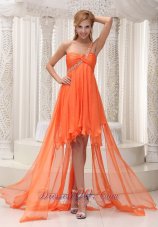 Cheap Beaded Decorate One Shoulder Ruched Bodice Orange Chiffon High-low A-line Prom / Homecoming Dress For 2013