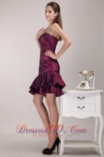 Cheap Burgundy Column / Sheath One Shoulder Knee-length Taffeta Ruffles and Ruch Prom Dress