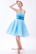 Cheap Baby Blue A-line Strapless Knee-length Organza Ruch Bridesmaid Dress