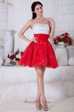 Cheap Red and White A-line Sweetheart Short Prom / Homecoming Dress Organza Beading Mini-length