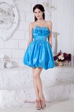 Cheap Aqua Blue A-line / Princess Strapless Short Prom Dress Taffeta Beading Mini-length