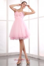 Cheap Pink A-line Straps Short Prom Dress Tulle Beading Knee-length
