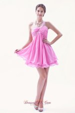 Cheap Rose Pink A-line / Princess Beading Prom Dress One Shoulder Mini-length Chiffon