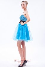 Cheap Sky Blue A-line Strapless Prom Dress Organza Beading Mini-length