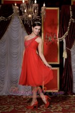 Cheap Simple Red Empire Prom / Homecoming Dress One Shoulder Chiffon Beading Tea-length