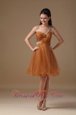 Cheap Rust Red A-line One Shoulder Knee-length Tulle Beading Prom Dress