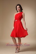 Red A-line One Shoulder Knee-length Chiffon Beading Prom Dress  Under 100