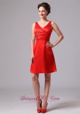 Red Ruch V-neck Satin Knee-length Celebrity Dress For Custom Made In Augusta Georgia  Under 100