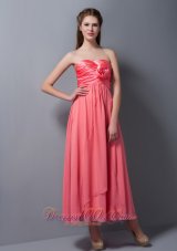 Pretty Watermelon Red Empire Strapless Hand Made Flower Bridesmaid Dress Ankle-length Chiffon and Taffeta  Under 100