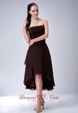 Simple Brown A-line / Princess High-low Bridesmaid Dress Strapless Chiffon Ruch  Under 100