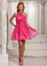 Custom Made Halter Hot Pink Mini-length Prom / Cocktail Dress With Beading Decorate  Under 100