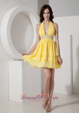 Inexpensive Yellow Empire Cocktail Dress Halter Chiffon Beading Mini-length  Under 100