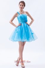 Baby Blue A-line / Princess Prom / Homecoming / Cocktail Dress One Shoulder Appliques Mini-length Organza  Under 100