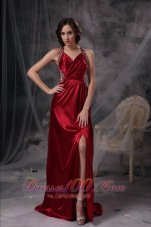2013 Wine Red Empire V-neck Prom Dress Beading and Ruch Taffeta