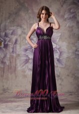 2013 Customize Dark Purple Column Evening Dress Spaghetti Straps Elastic Woven Satin Beading Floor-length