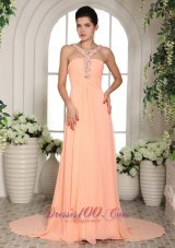 2013 Baby Pink Straps Beading and Ruch Prom Dress With Court Train