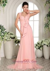 2013 Baby Pink Straps Hand Made Flowers Stylish Prom Gowns With Brush Train