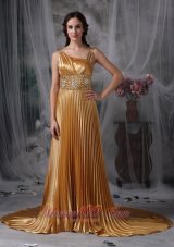 2013 Gorgeous Gold Empire Asymmetrical Evening Dress Elastic Woven Satin Beading Brush Train