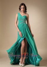 2013 Turquoise Empire One Shoulder Brush Train Chiffon and Elastic Woven Satin Beading Prom Dress