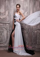 2013 White and Black Empire One Shoulder Watteau Train Chiffon Handle Flowers Prom Dress