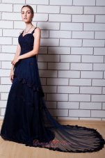 2013 Navy Blue A-line Straps Chapel Train Tulle Appliques Homecoming Dress