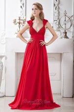 2013 Red A-line V-neck Beading Prom Dress Brush Train Chiffon