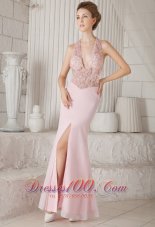 2013 Pink Column V-neck Floor-length Chiffon Appliques Prom / Evening Dress