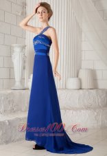 2013 Blue Column One Shoulder Brush Train Chiffon and Taffeta Beading Prom Dress