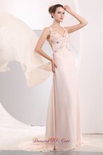 2013 Beautiful Light Pink Prom / Evening Dress Empire Straps Appliques Watteau Train Chiffon