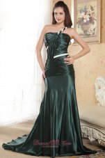 2013 Dark Green Column One Shoulder Court Train Elastic Woven Satin Ruch Prom Dress