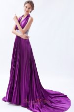 2013 Eggplant Purple Backless Sequin Pleat Prom Dress A-line / Princess Halter Court Train