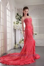 2013 Watermelon Mermaid Sweetheart Court Train Chiffon Appliques Prom / Evening Dress