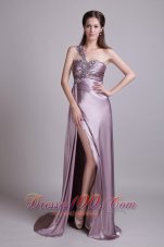 2013 Lavender Empire One Shoulder Brusn Train Elastic Woven Satin Beading Prom Dress