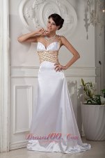 2013 Elegant White Prom Dress A-line / Princess Straps Brush Train Satin Beading