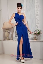 2013 Lovely Royal Blue Empire Evening Dress One Shoulder Chiffon Ruch Ankle-length