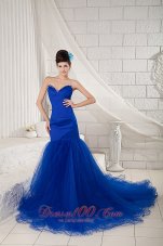 2013 Special Royal Blue Mermaid Sweetheart Prom Dress Tulle and Satin Beading Chapel Train
