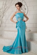 2013 Exclusive Teal Mermaid Prom Dress Strapless Ruch and Beading Brush Train Satin
