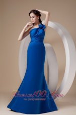Discount Modest Royal Blue Mermaid One Shoulder Prom Dress Satin Hand Made Flower Brush Train