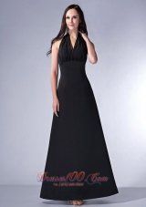 Discount Simple Black Column Halter Bridesmaid Dress Satin Ruch Ankle-length