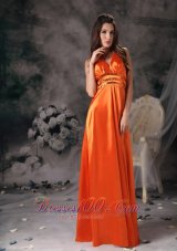 Discount Gorgeous Orange Red Evening Dress Empire Halter Taffeta Beading Floor-length