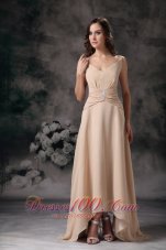 Discount Elegant Champagne Column Spaghetti Straps Mother Of Bride Dress Chiffon Beading Floor-length