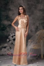 Discount Elegant Champagne Column Bridesmaid Dress Halter Satin Ruch Floor-length
