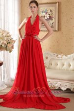 Discount Red Column / Sheath Halter Court Train Chiffon Hand Made Flowers and Ruch Prom / Evening Dress