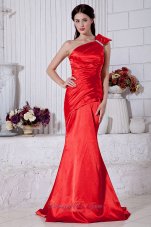 Discount Red Mermaid One Shoulder Prom / Evening Dress Beading Brush Train Taffeta