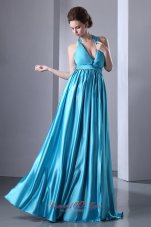 Discount Teal Empire Halter Floor-length Prom Dress Elastic Woven Satin Pleat