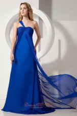 Discount Royal Blue A-line One Shoulder Brush Train Satin and Chiffon Ruch Prom / Evening Dress